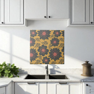 Retro Mosterd Zwart Rood Bloemen Tegeltje