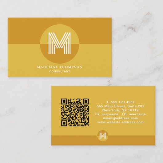 Retro Mosterdgeel Geometrisch Monogram QR Code Visitekaartje (Voorkant / Achterkant)