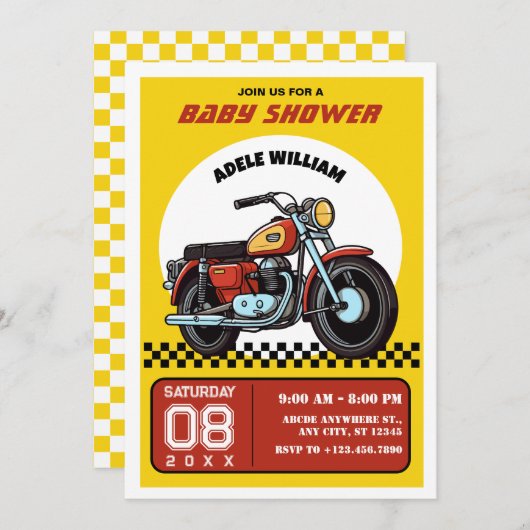 Retro motorfiets baby shower uitnodiging (Voorkant / Achterkant)