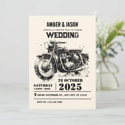 Retro  Motorfiets custom biker bruiloft Kaart (Staand voorkant)
