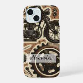 Retro motorfiets en tandwielen telefoonhoesje iPhone 15 case