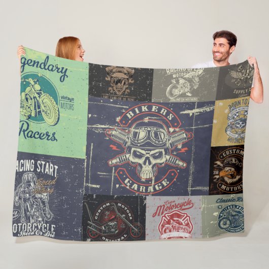 Retro motorfiets ontwerp fleece deken (In situ)
