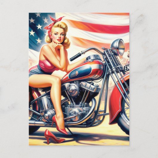 Retro Motorfiets Pin Up Briefkaart (Voorkant)