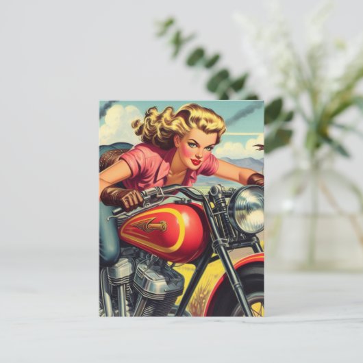 Retro Motorfiets Pin-up Briefkaart (Staand voorkant)