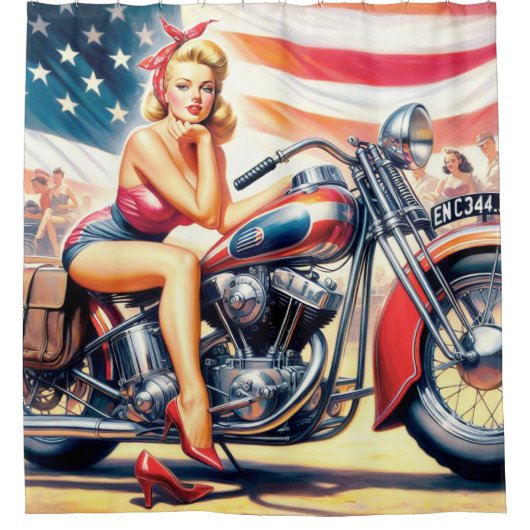Retro Motorfiets Pin Up Douchegordijn (Voorkant)