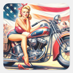 Retro Motorfiets Pin Up Vierkante Sticker