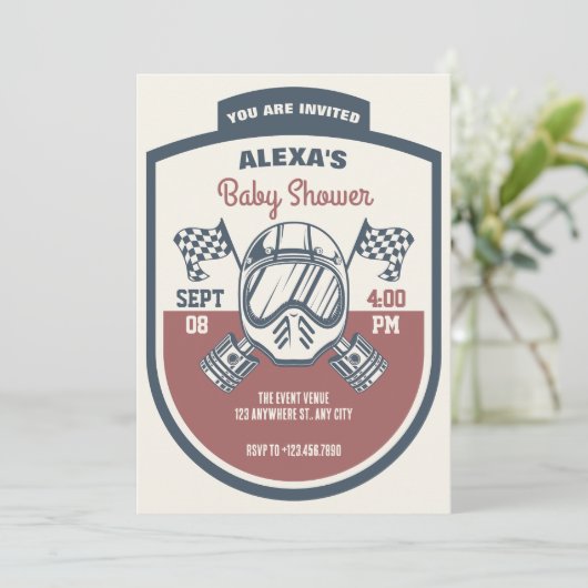 Retro motorrace baby shower kaart (Staand voorkant)