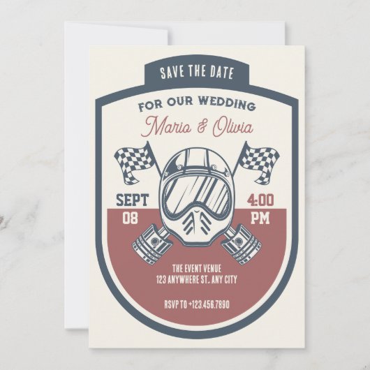 Retro motorrace bruiloft save the date (Voorkant)