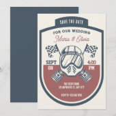 Retro motorrace bruiloft save the date (Voorkant / Achterkant)
