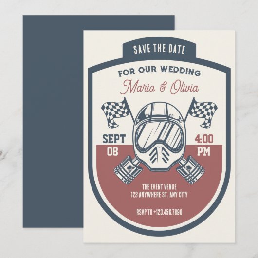 Retro motorrace bruiloft save the date (Voorkant / Achterkant)