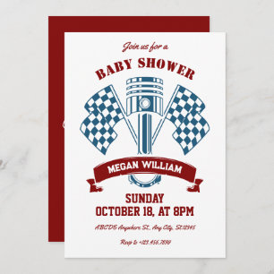 Retro motorracemachine baby shower kaart