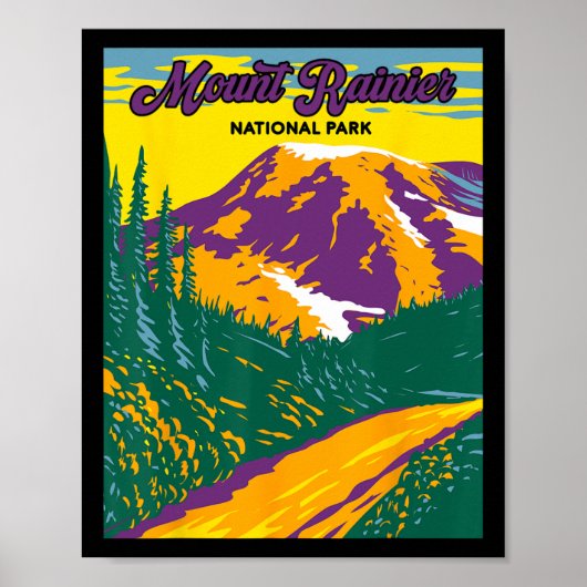 Retro Mount Rainier Nationaal Park Wandelen Kamper Poster (Voorkant)