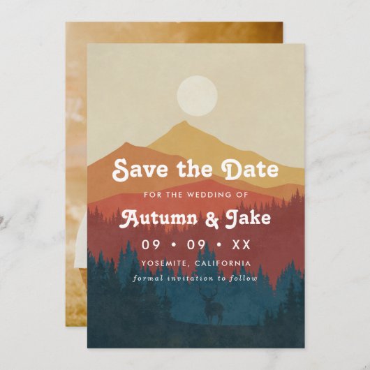 Retro Mountain en Forest Photo Wedding Save The Date (Voorkant / Achterkant)