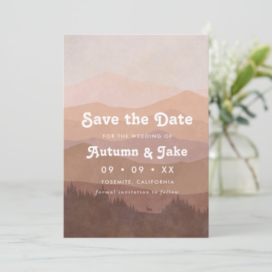 Retro Mountain en Forest Pink Ombre Wedding Save The Date (Staand voorkant)