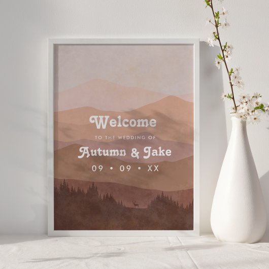 Retro Mountain en Forest Pink Wedding Welcome Poster