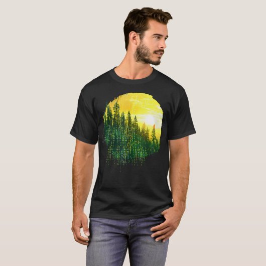 Retro Mountain Forest binaire nummer computer T-shirt (Voorkant volledig)