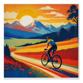 Retro Mountain Landscape Illustratie Fietser Perfect Poster