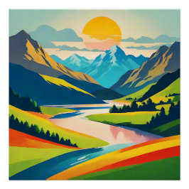 Retro Mountain Landscape Illustratie Kleurrijk Perfect Poster