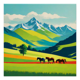 Retro Mountain Landscape Illustratie Kleurrijk Perfect Poster