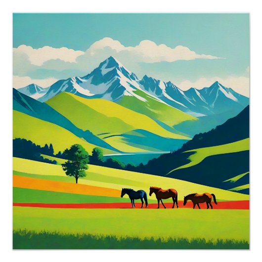 Retro Mountain Landscape Illustratie Kleurrijk Perfect Poster (Voorkant)