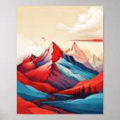 Retro Mountain Landscape Illustratie Rood Blauwe K Poster (Voorkant)