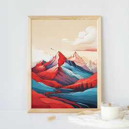 Retro Mountain Landscape Illustratie Rood Blauwe K Poster