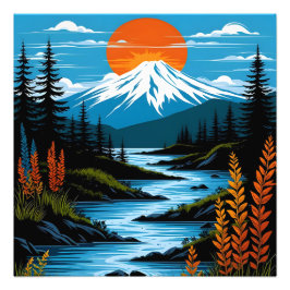 Retro Mountain Landscape Illustration Red Blue Foto Afdruk