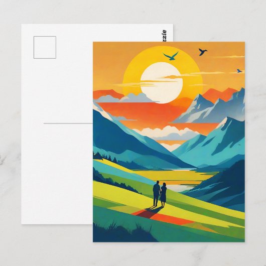 Retro Mountain Landscape Liefde Briefkaart (Voorkant / Achterkant)