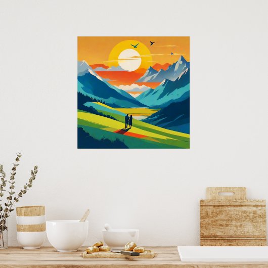 Retro Mountain Landscape Liefde Poster (Keuken)