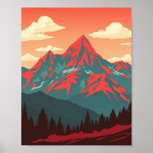 Retro Mountain Landscape Red Blue Poster (Voorkant)