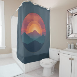 Retro Mountain Sunset Art Watercolor Painting Blue Douchegordijn