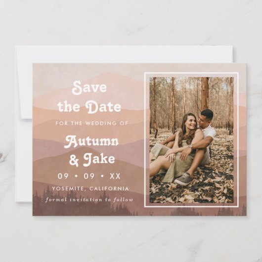 Retro Mountains Dusty Pink Photo Weddenschap Save The Date (Voorkant)