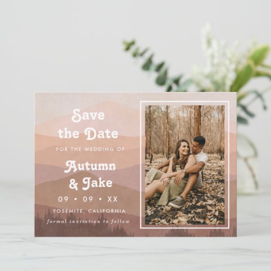 Retro Mountains Dusty Pink Photo Weddenschap Save The Date (Staand voorkant)
