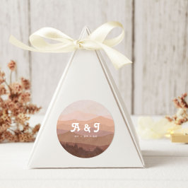 Retro Mountains en Forest Pink Wedding Monogram Ronde Sticker