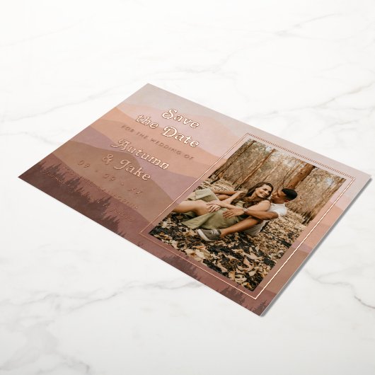 Retro Mountains Photo Weddenschap Save the Date Folie Uitnodiging (Gedraaid)