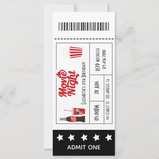 Retro Movie Night Birthday Party Ticket Kaart (Voorkant)