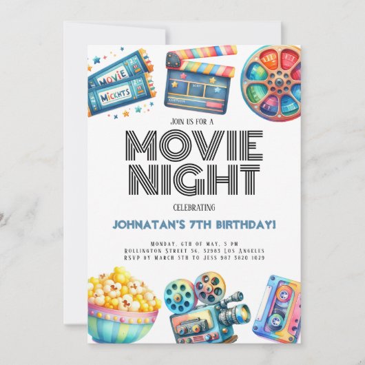 Retro Movie Night Kids Uitnodiging voor verjaardag (Voorkant)