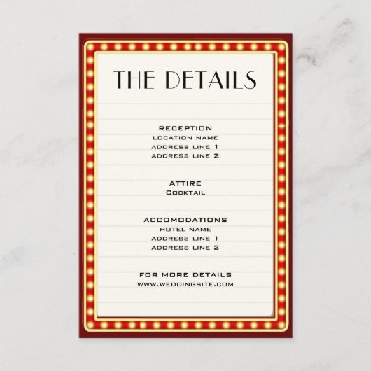 Retro Movie Theater Marquee Teken Bruiloft Details Informatiekaartje (Voorkant)
