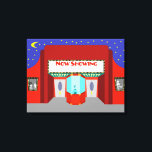 Retro Movie Theatre Uitgerekt Canvas Print<br><div class="desc">De sterren zijn in volle kracht uit op deze Retro Movie Theater Stretched Canvas Print - zowel de sterren aan de nachtelijke hemel als de sterren op het zilveren scherm. Dit minimalistische kunstontwerp uit de jaren 60 heeft de buitenkant van een klassiek filmhuis uit de Gouden Eeuw van de Cinema....</div>