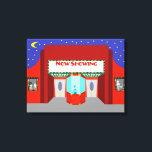 Retro Movie Theatre Uitgerekt Canvas Print<br><div class="desc">De sterren zijn in volle kracht uit op deze Retro Movie Theater Stretched Canvas Print - zowel de sterren aan de nachtelijke hemel als de sterren op het zilveren scherm. Dit minimalistische kunstontwerp uit de jaren 60 heeft de buitenkant van een klassiek filmhuis uit de Gouden Eeuw van de Cinema....</div>