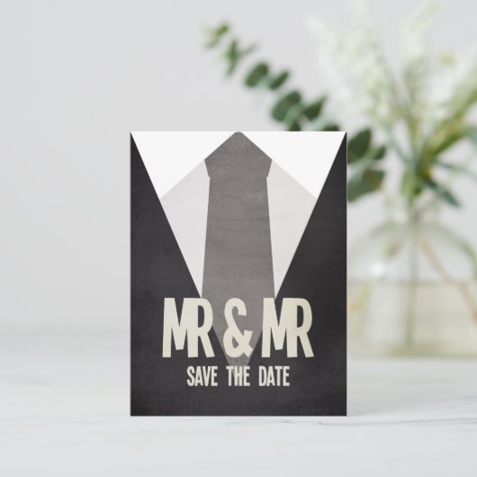 Retro Mr. & Mr. Suit Stropdas Gay Save the Date Br Aankondigingskaart (Staand voorkant)
