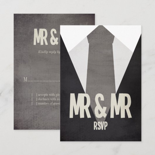 Retro Mr. & Mr. Suit & Stropdas Wedding RSVP Kaartje (Voorkant / Achterkant)