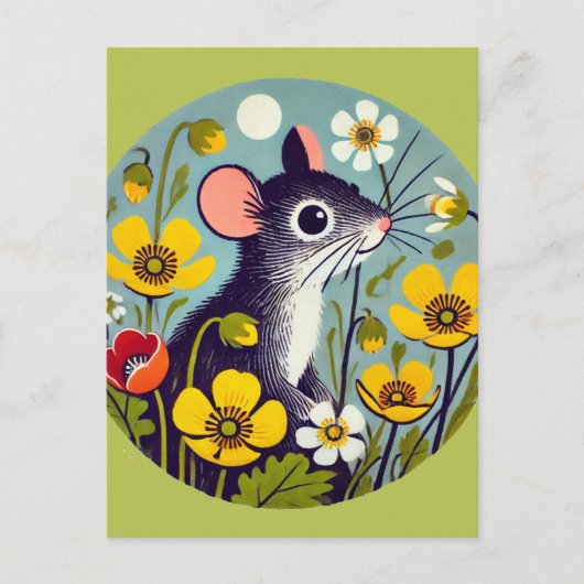 Retro muis met boterbloem  briefkaart (Voorkant)