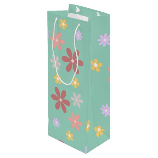 Retro Multi-Colored Daisy Pattern Wijn Cadeautas (Achterkant Gekanteld)