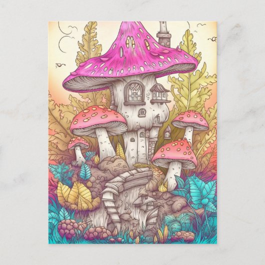 Retro Mushroom Village Illustratie Kunst Briefkaart (Voorkant)