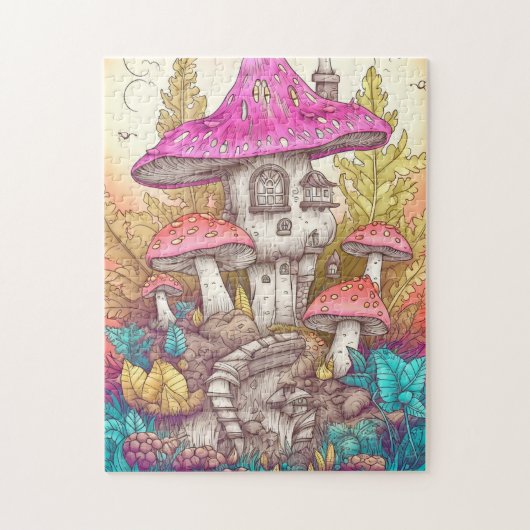 Retro Mushroom Village Illustratie Kunst Legpuzzel (Verticaal)