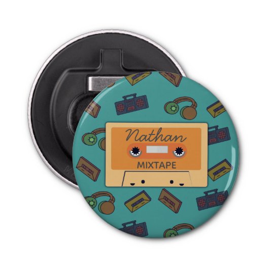 Retro Music Collage Mixtape gepersonaliseerd Button Flesopener (Voorkant)