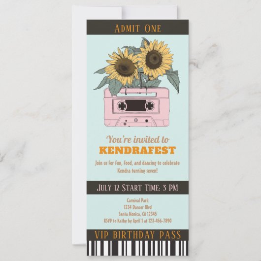 Retro Music Festival Dance Party Ticket Verjaardag (Voorkant)