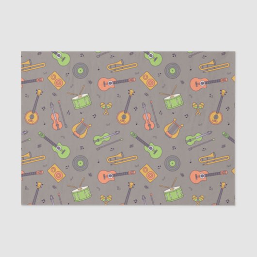 Retro Music Instrument Thema Pattern Brown Tissuepapier (Voorkant)
