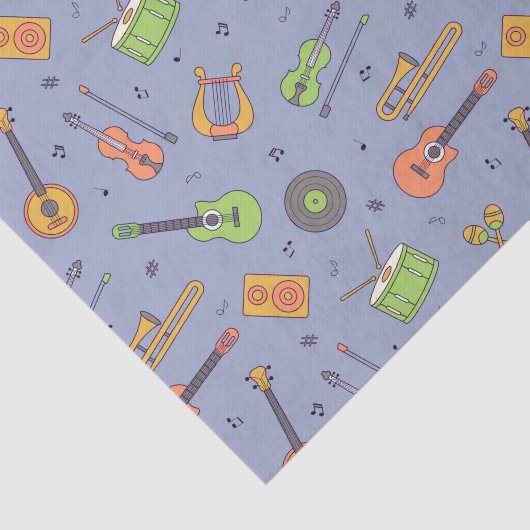 Retro Music Instrument Theme Pattern Paars Tissuepapier (Detail)